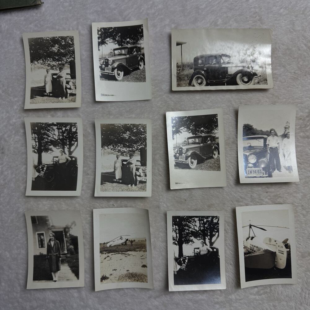 30s Antique Car Black White Sedan Vintage Photo Lot Airplane Man Woman Vehicle